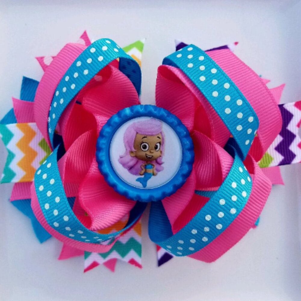 Bubble Guppies Pink Blue White Purple Green Yellow Teal Bottle Cap Hair Bow 5"